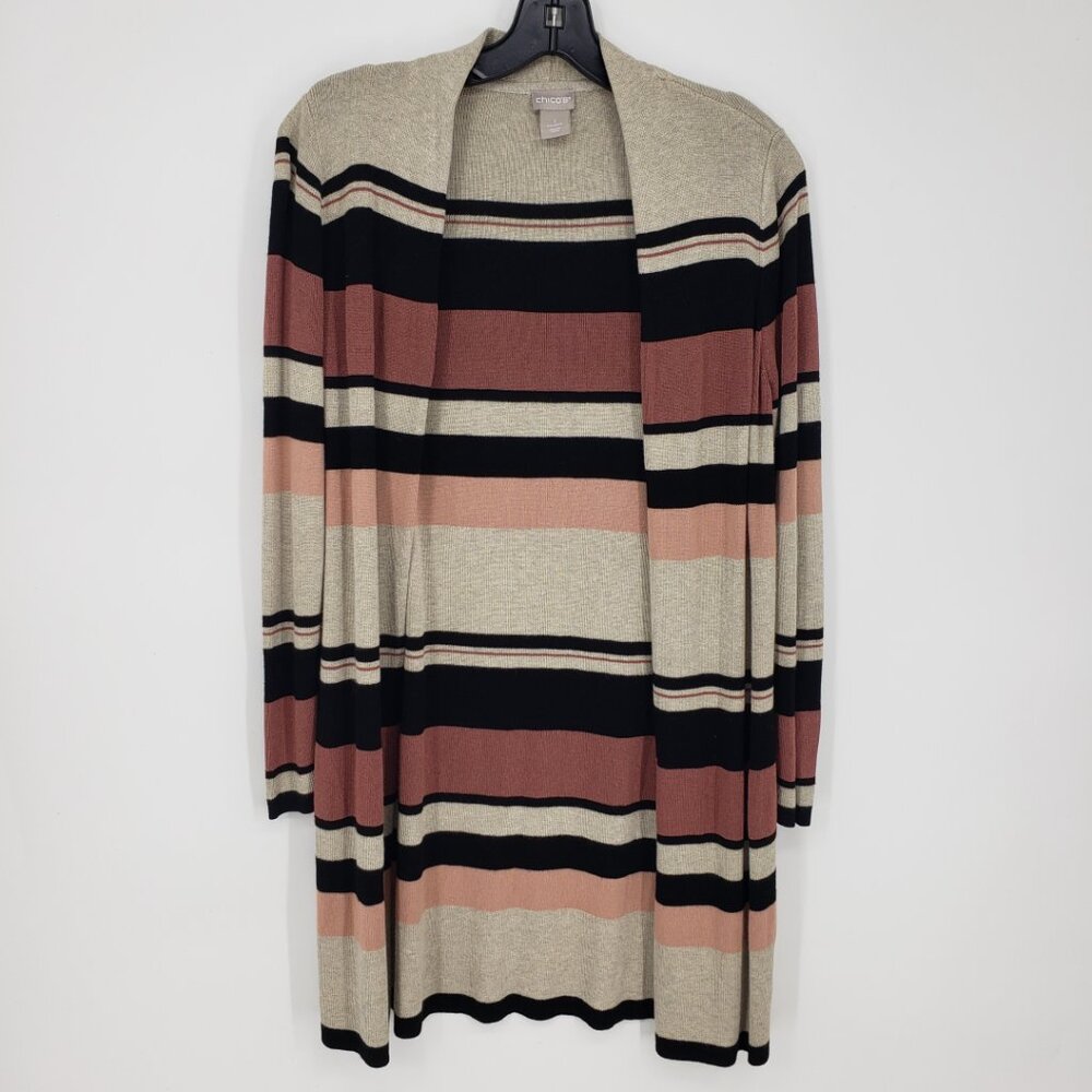 Chico's Striped Open Front Long Cardigan Sweater‎ M Black Rose Pink Tan